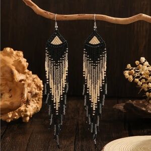 Hand Crafted Bohemian Style Black and Cream Long Tassel Beaded Earrings